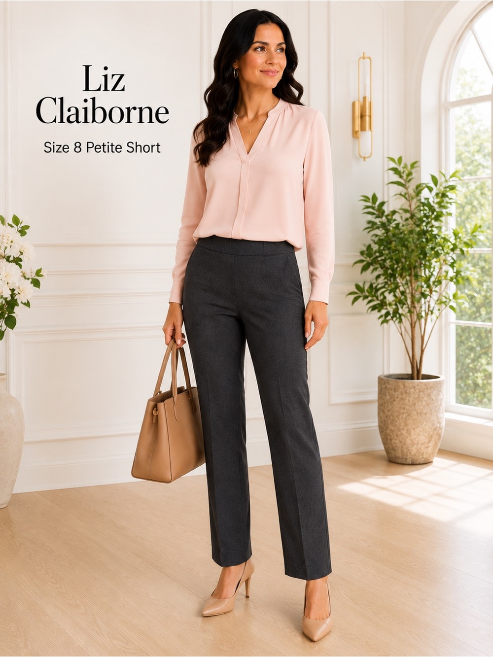 Liz Claiborne 8 Petite Short Charcoal Pull On Straight Leg Dress Pants